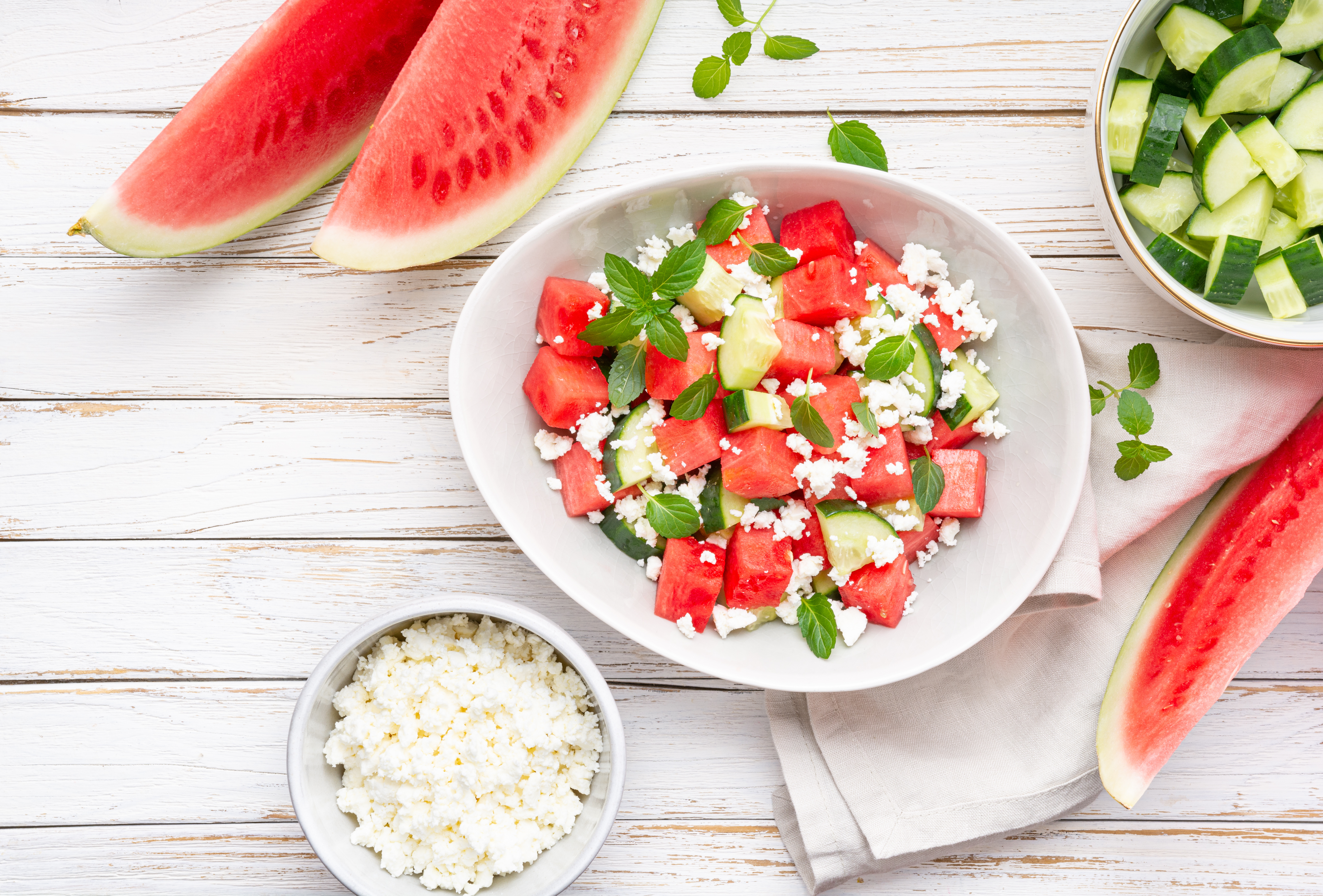 A fresh bowl of watermelon and feta salad.